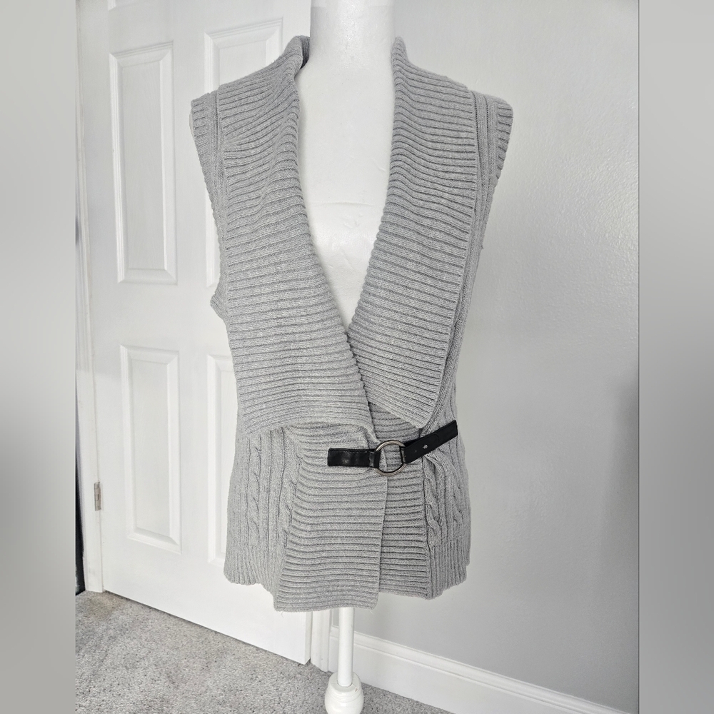 Chaps Grey Cable Knit Sweater Vest Shawl Collar Belted Size M